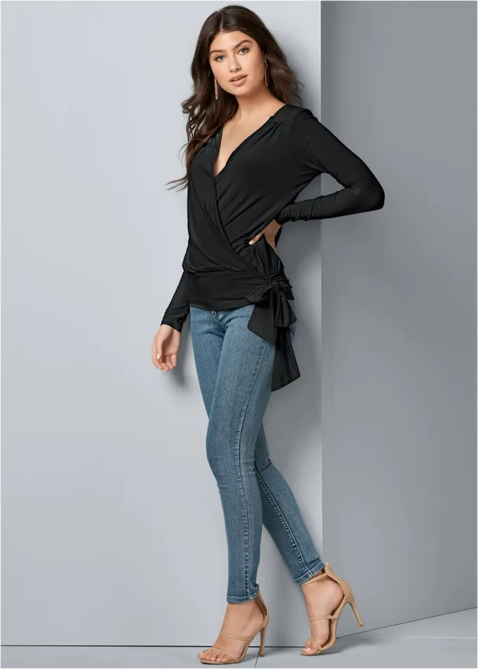SURPLICE SIDE TIE TOP Black Women VENUS Night Out Tops