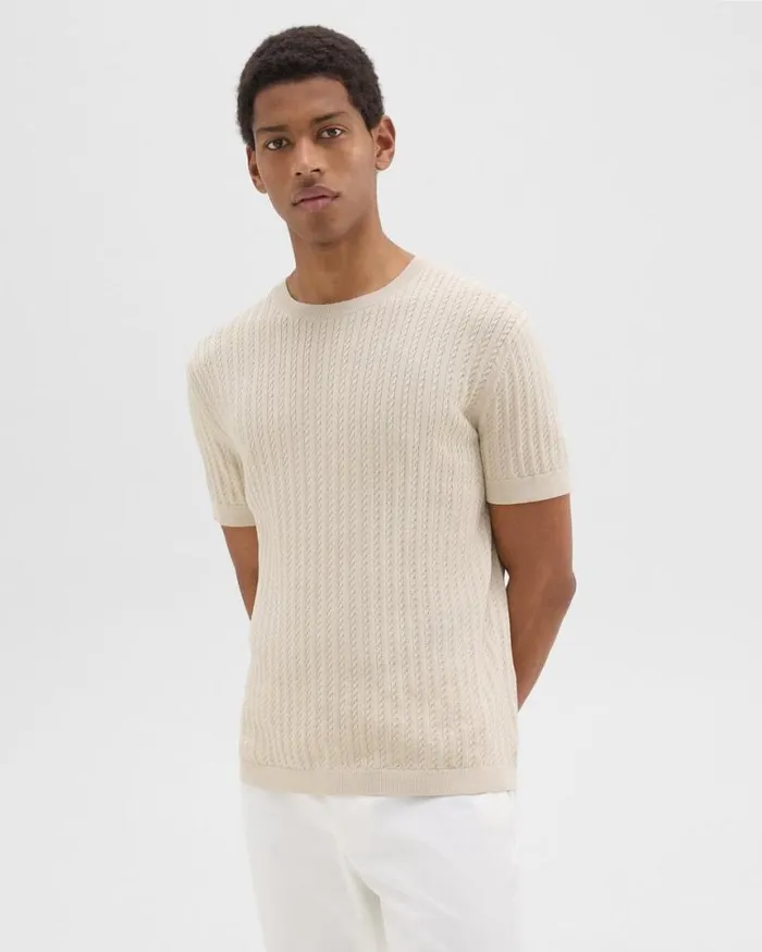 Sweaters Cardigans Men Theory Cable Knit Tee In Cotton New Sand Sweaters Cardigans Men Theory Cable Knit Tee In Cotton New Sand