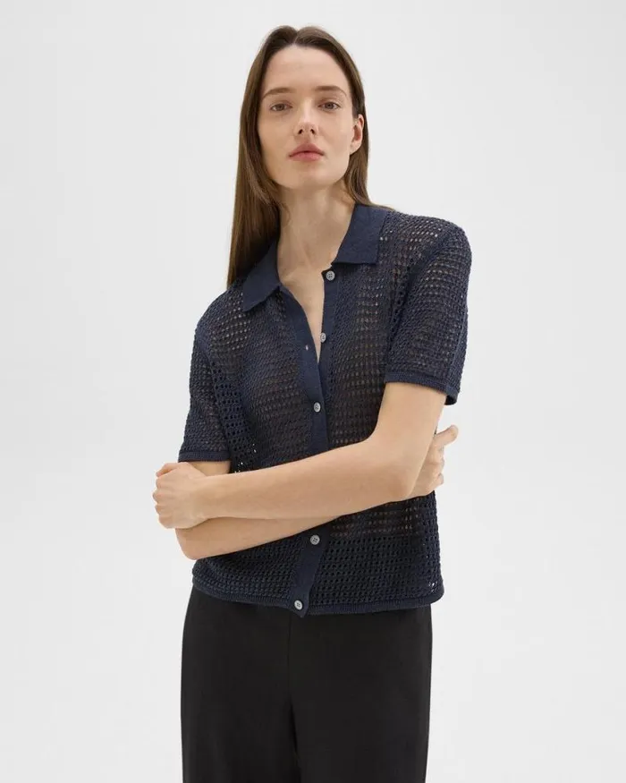 Sweaters Cardigans Women Theory Mesh ShortSleeve Shirt In LinenViscose Nocturne Navy