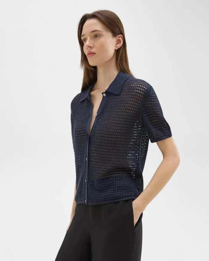 Sweaters Cardigans Women Theory Mesh ShortSleeve Shirt In LinenViscose Nocturne Navy Sweaters Cardigans Women Theory Mesh ShortSleeve Shirt In LinenViscose Nocturne Navy