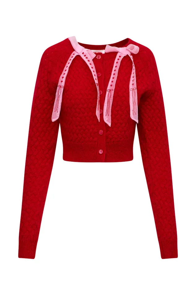 Sweaters Women LoveShackFancy Cupid Bow Cardigan Cherry Bomb