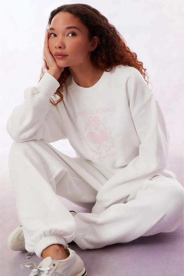 Tees and Fleece Women LoveShackFancy Aneria Tennis Logo Pullover Sweatshirt White