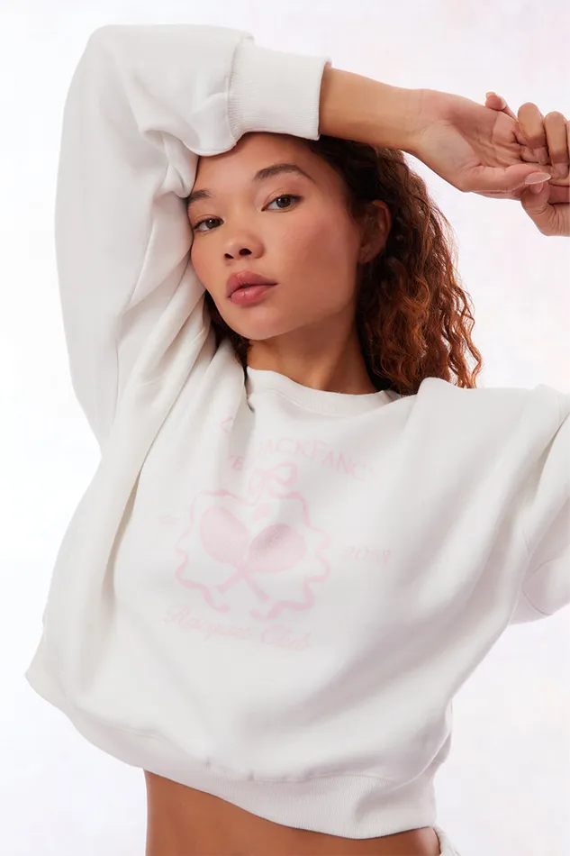 Tees and Fleece Women LoveShackFancy Aneria Tennis Logo Pullover Sweatshirt White