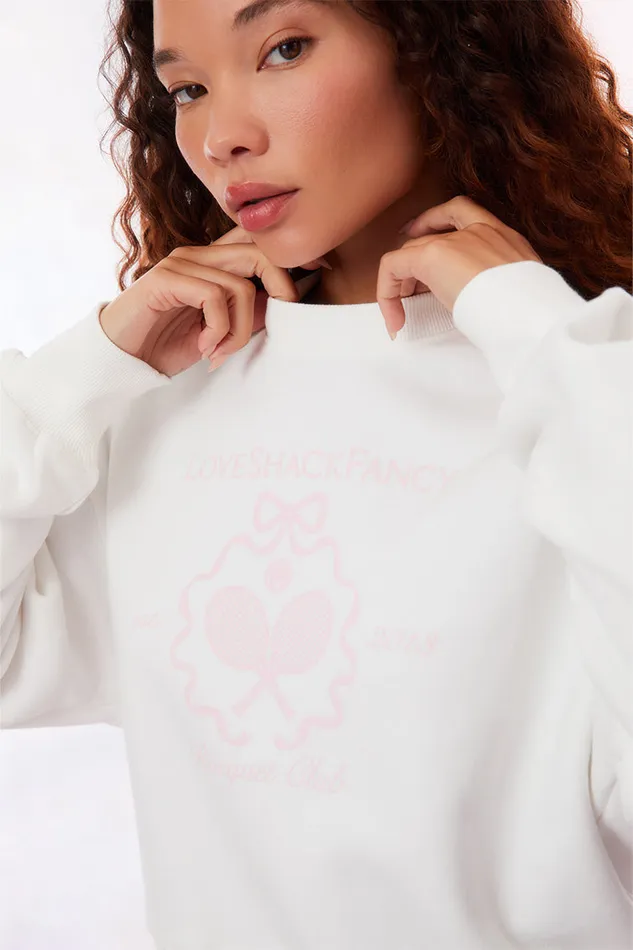 Tees and Fleece Women LoveShackFancy Aneria Tennis Logo Pullover Sweatshirt White