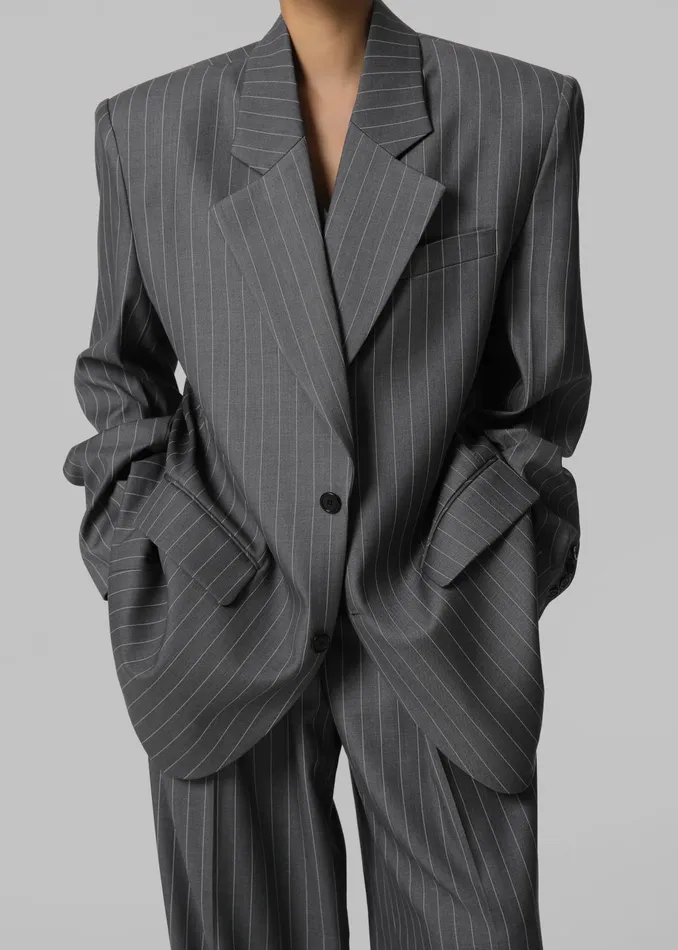 The Frankie Shop Outerwear Holland Padded Shoulder Blazer 8211 CharcoalWhite Pinstripe 8211 Women