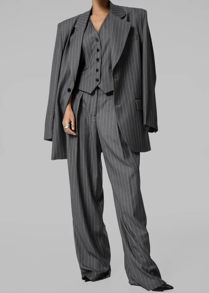 The Frankie Shop Outerwear Holland Padded Shoulder Blazer 8211 CharcoalWhite Pinstripe 8211 Women