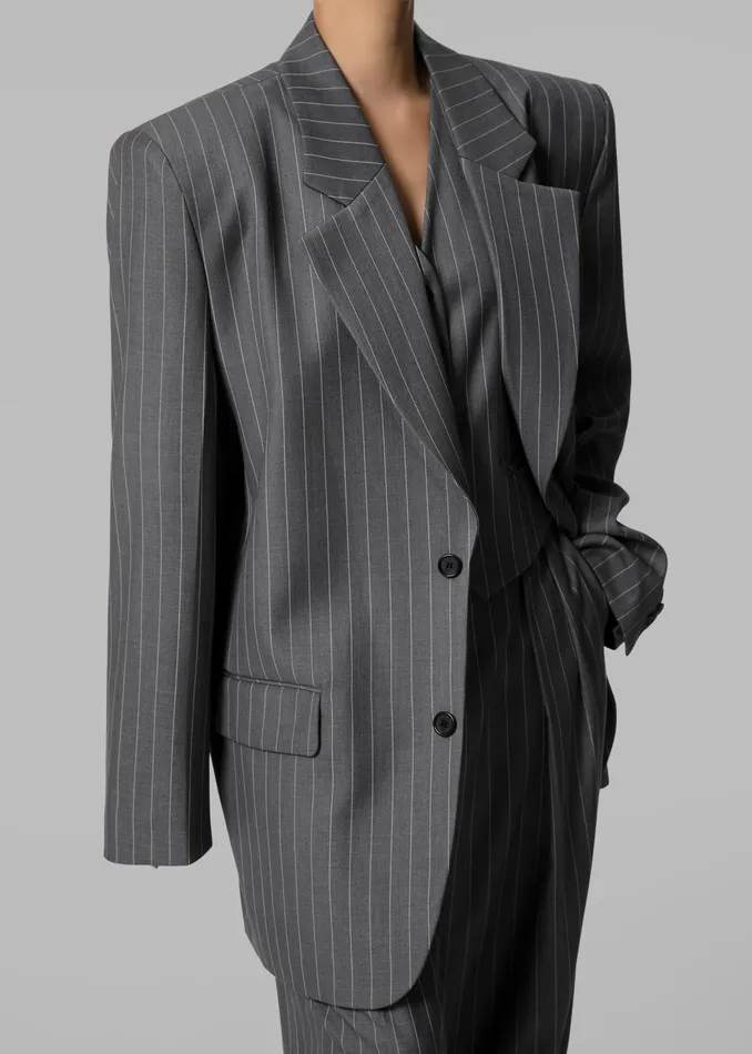 The Frankie Shop Outerwear Holland Padded Shoulder Blazer 8211 CharcoalWhite Pinstripe 8211 Women