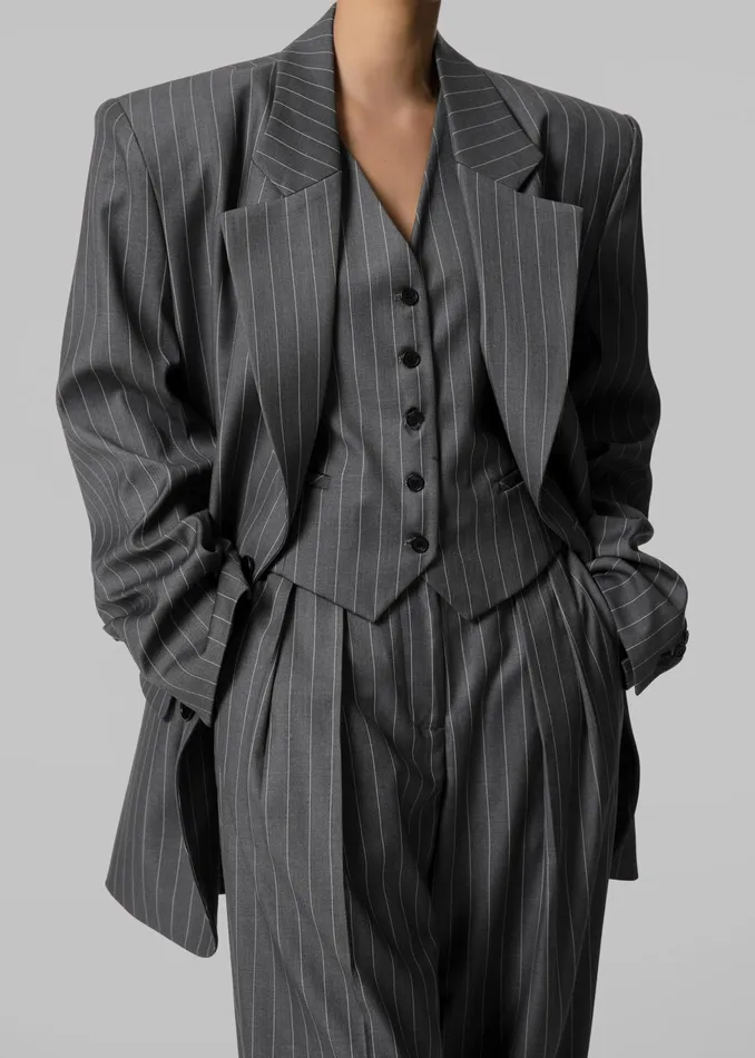 The Frankie Shop Outerwear Holland Padded Shoulder Blazer 8211 CharcoalWhite Pinstripe 8211 Women