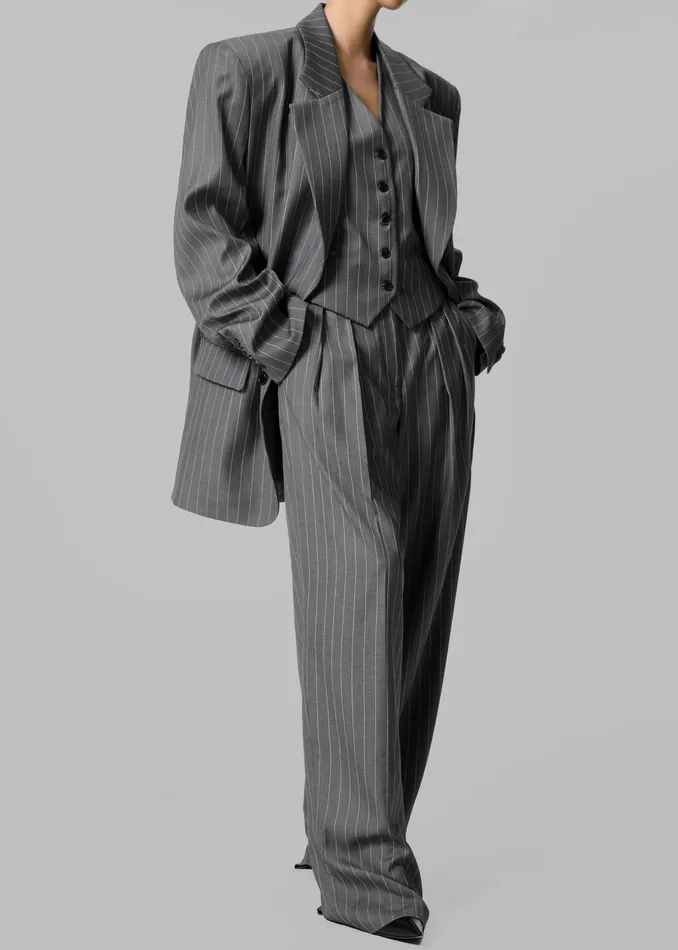 The Frankie Shop Outerwear Holland Padded Shoulder Blazer 8211 CharcoalWhite Pinstripe 8211 Women