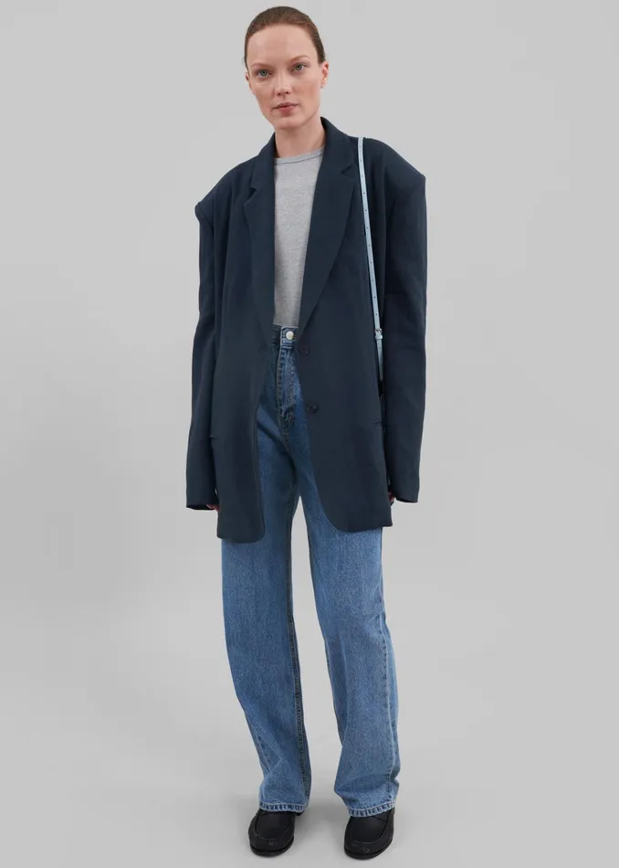 The Frankie Shop Outerwear Keenan Linen Oversized Blazer 8211 Navy 8211 Women