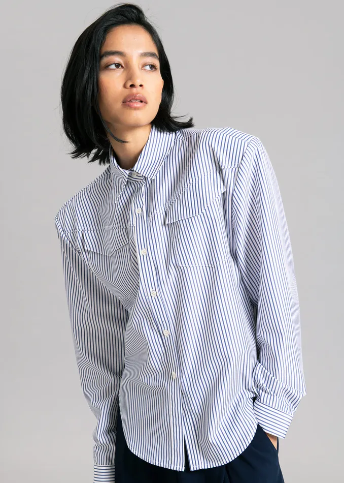The Frankie Shop Tops Jeanne Padded Shirt 8211 Navy Stripe 8211 Women