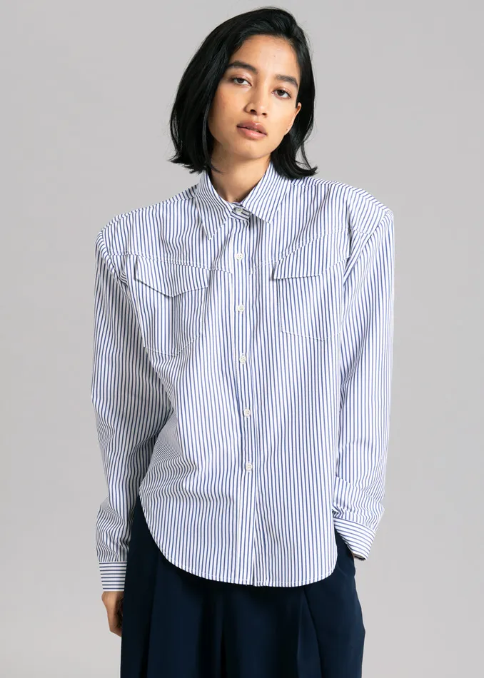 The Frankie Shop Tops Jeanne Padded Shirt 8211 Navy Stripe 8211 Women