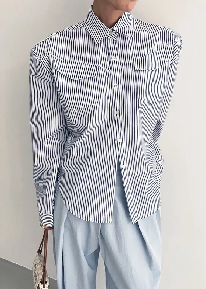 The Frankie Shop Tops Jeanne Padded Shirt 8211 Navy Stripe 8211 Women