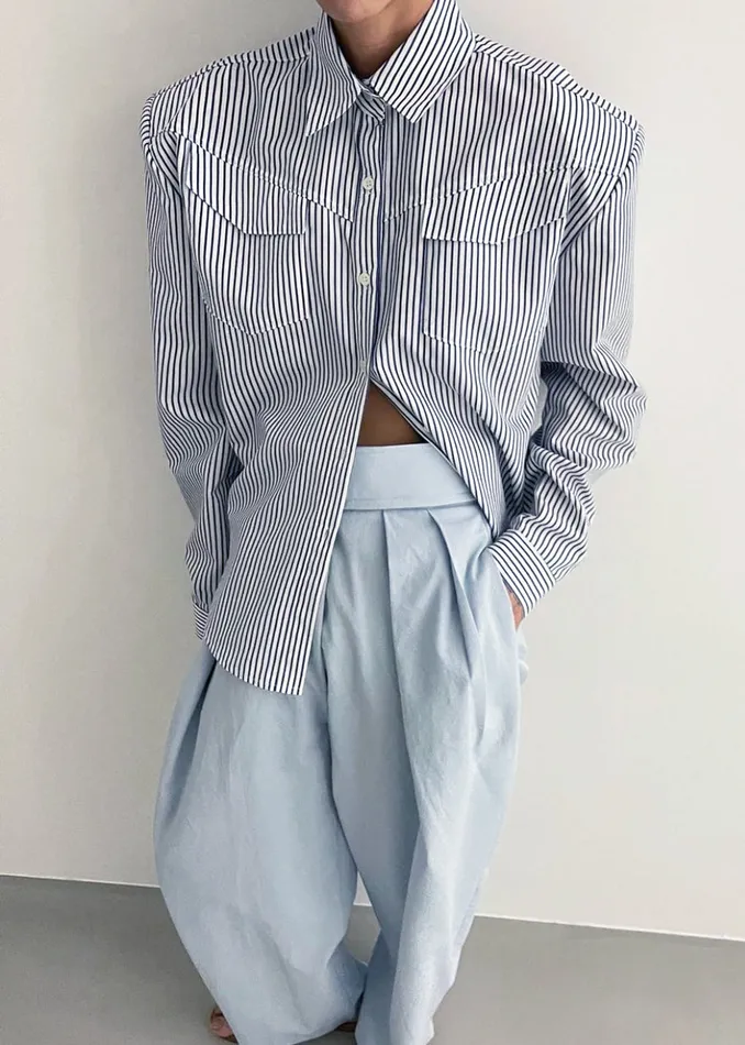 The Frankie Shop Tops Jeanne Padded Shirt 8211 Navy Stripe 8211 Women