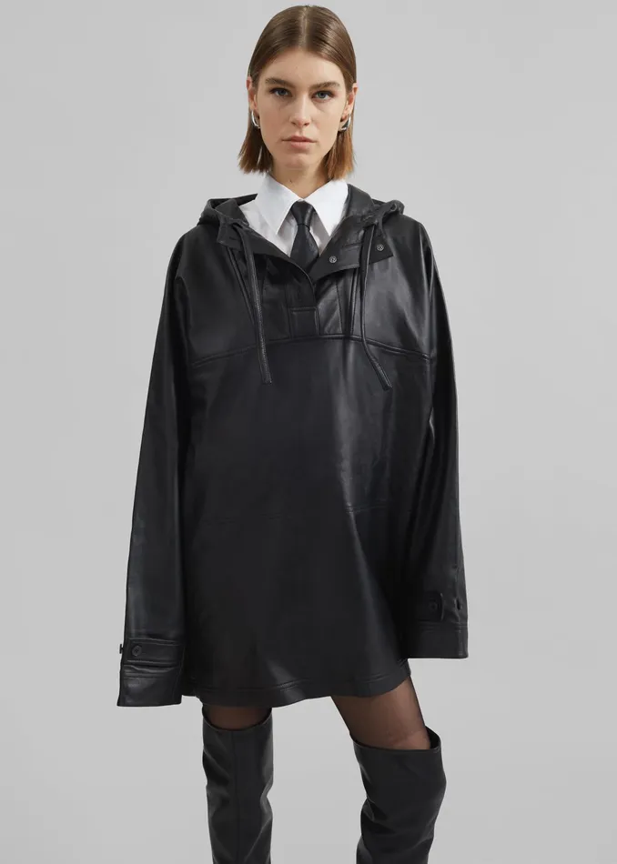 The Frankie Shop Tops Kevin Leather Hooded Overshirt 8211 Black 8211 Women