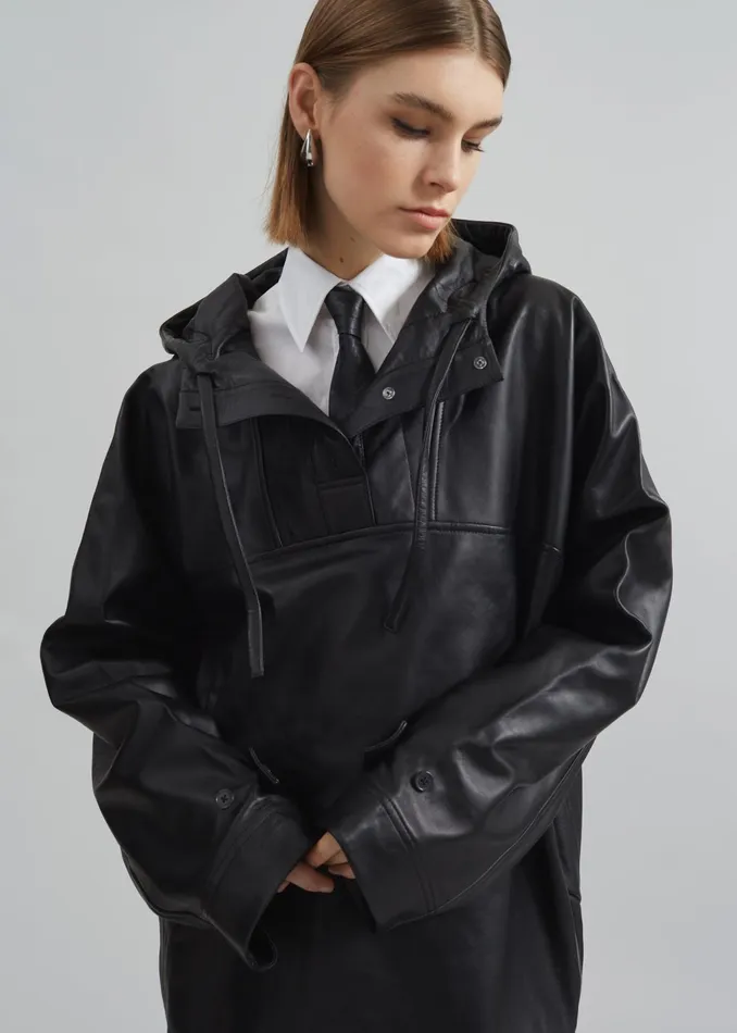 The Frankie Shop Tops Kevin Leather Hooded Overshirt 8211 Black 8211 Women