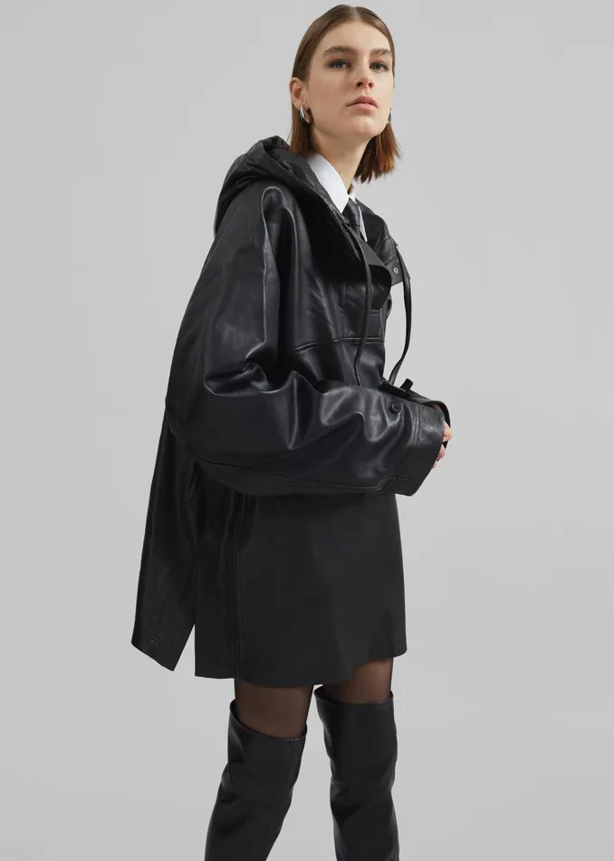 The Frankie Shop Tops Kevin Leather Hooded Overshirt 8211 Black 8211 Women