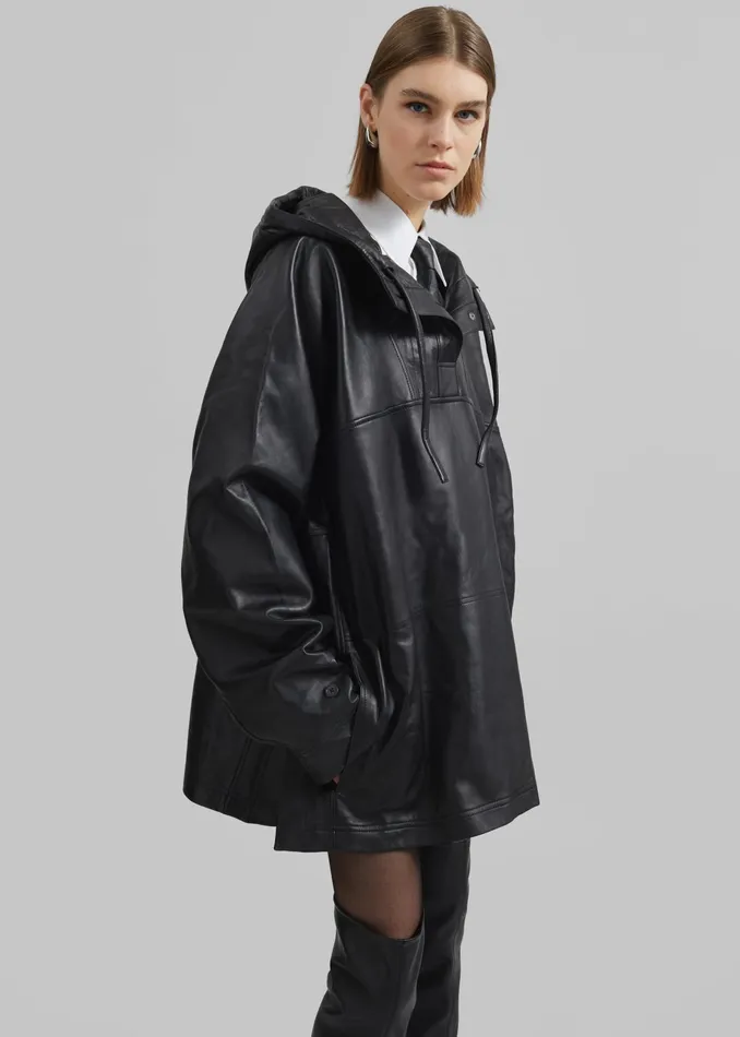 The Frankie Shop Tops Kevin Leather Hooded Overshirt 8211 Black 8211 Women