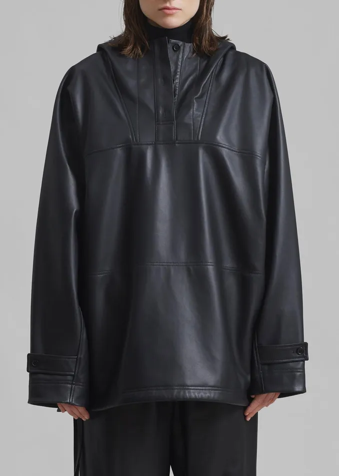 The Frankie Shop Tops Kevin Leather Hooded Overshirt 8211 Black 8211 Women