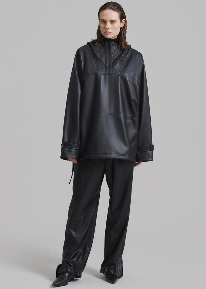 The Frankie Shop Tops Kevin Leather Hooded Overshirt 8211 Black 8211 Women