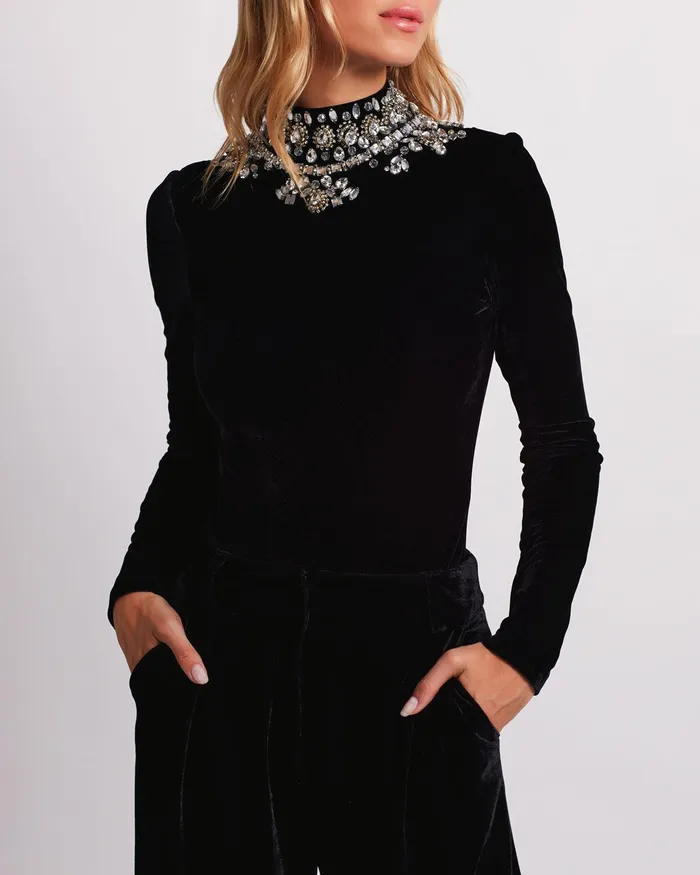 Tops and Bodysuits Women PatBO HandBeaded Velvet Bodysuit