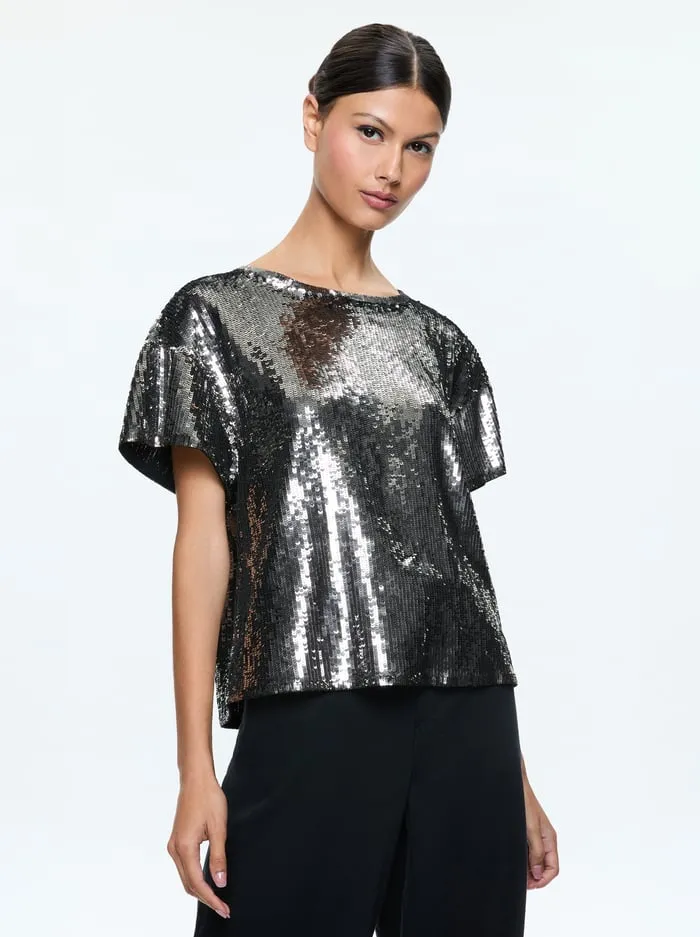 Tops Women Alice Olivia Evan Sequin Oversized Tee Gunmetal
