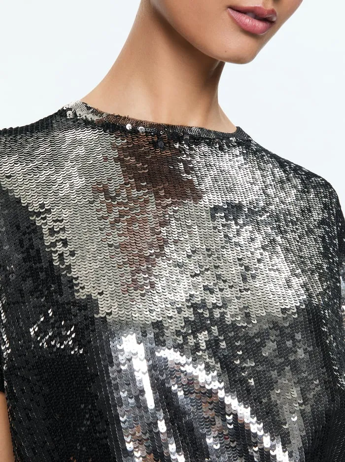 Tops Women Alice Olivia Evan Sequin Oversized Tee Gunmetal