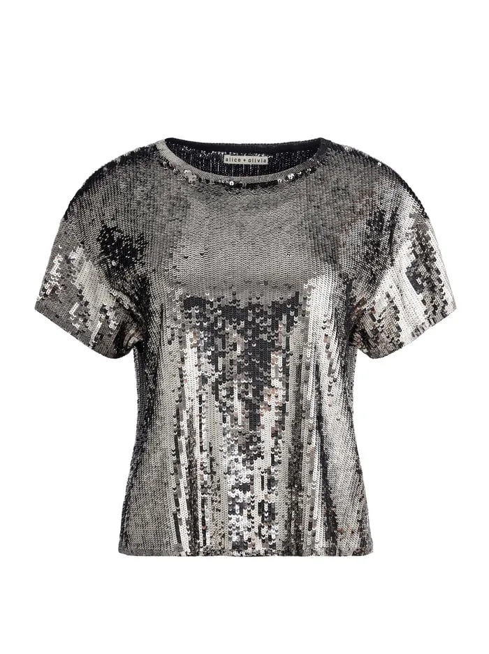 Tops Women Alice Olivia Evan Sequin Oversized Tee Gunmetal
