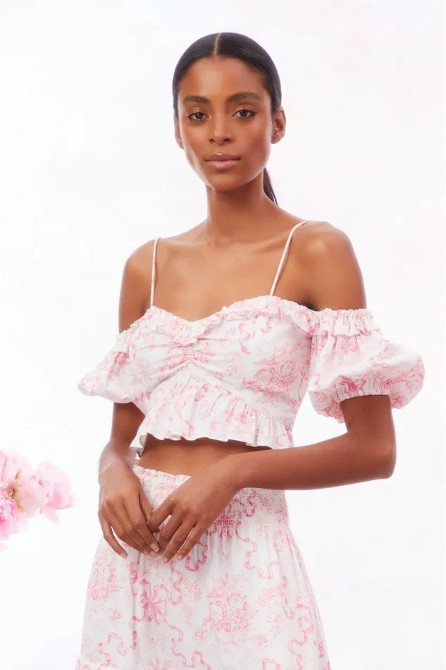 Tops WomenKids LoveShackFancy Amille Bow OffTheShoulder Top Bubblegum Blast