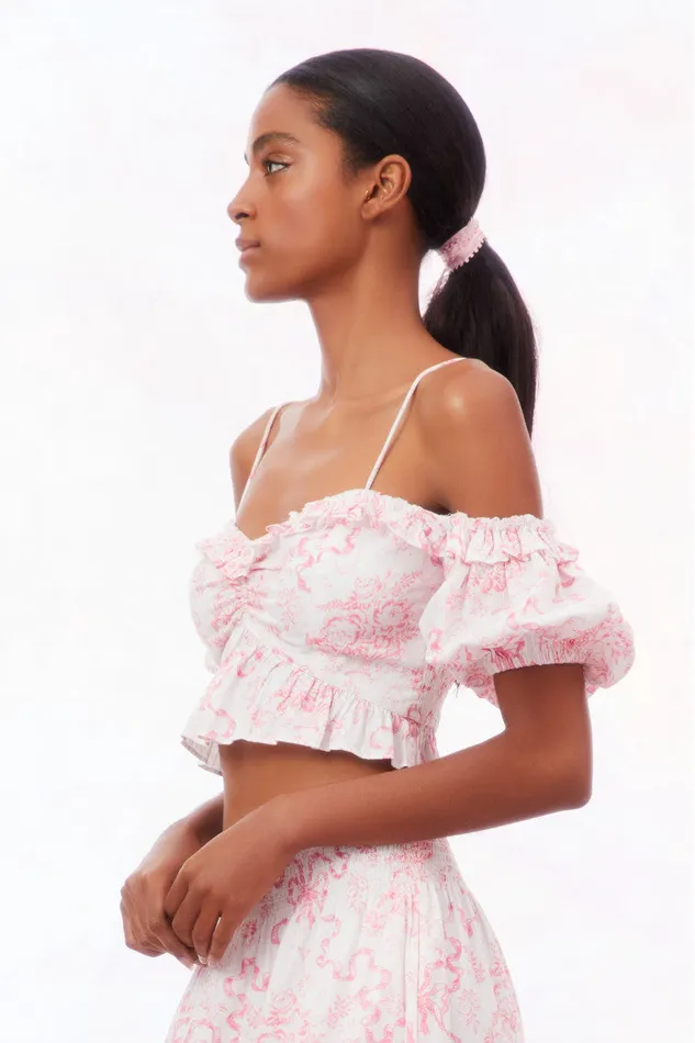 Tops WomenKids LoveShackFancy Amille Bow OffTheShoulder Top Bubblegum Blast