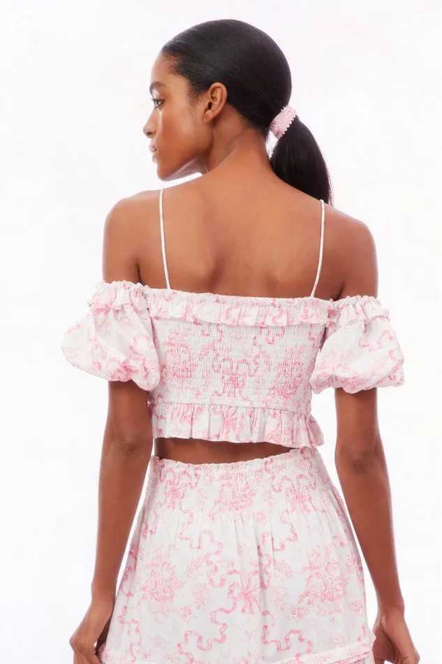 Tops WomenKids LoveShackFancy Amille Bow OffTheShoulder Top Bubblegum Blast