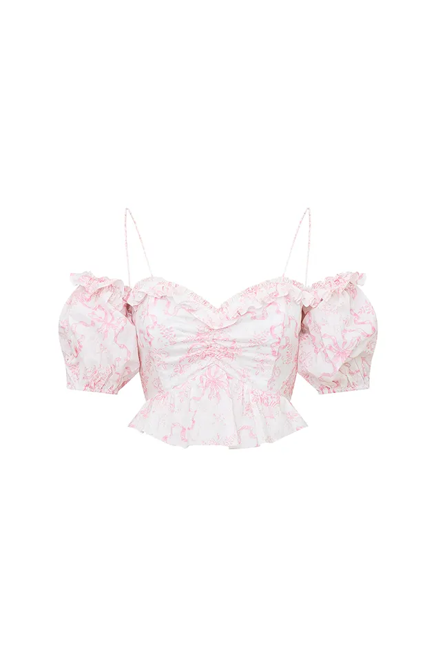Tops WomenKids LoveShackFancy Amille Bow OffTheShoulder Top Bubblegum Blast