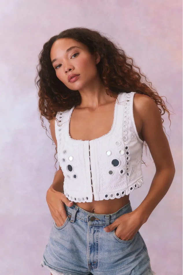 Tops Women LoveShackFancy Cayman Embellished Bustier Top True White