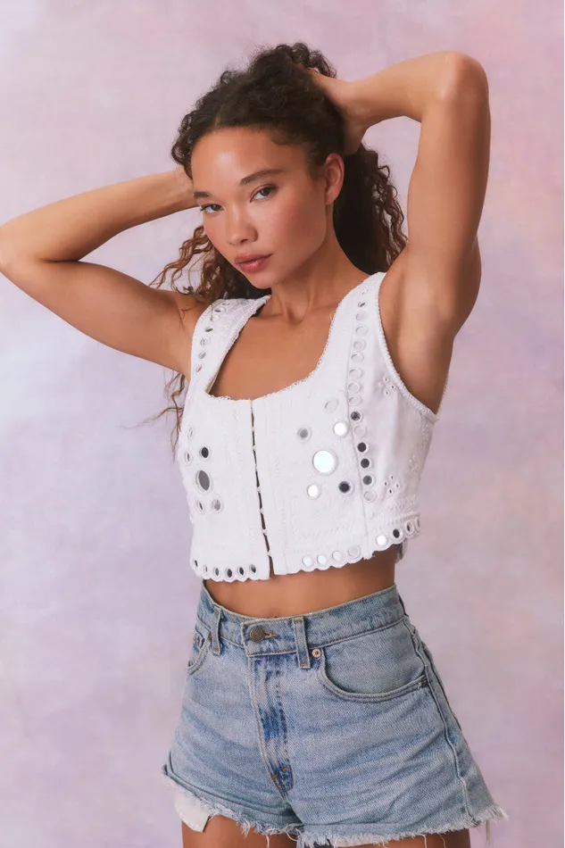 Tops Women LoveShackFancy Cayman Embellished Bustier Top True White