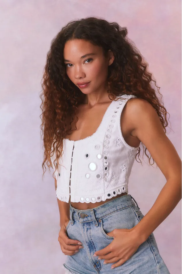 Tops Women LoveShackFancy Cayman Embellished Bustier Top True White