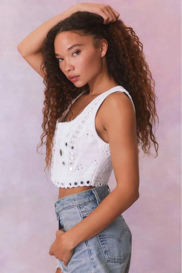 Tops Women LoveShackFancy Cayman Embellished Bustier Top True White
