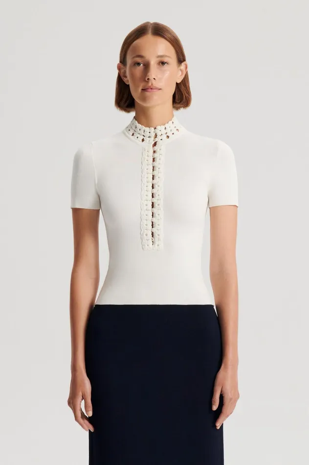 Tops Women Scanlan Theodore CREPE KNIT DAISY SHORT SLEEVE TOP Cream Tops Women Scanlan Theodore CREPE KNIT DAISY SHORT SLEEVE TOP Cream