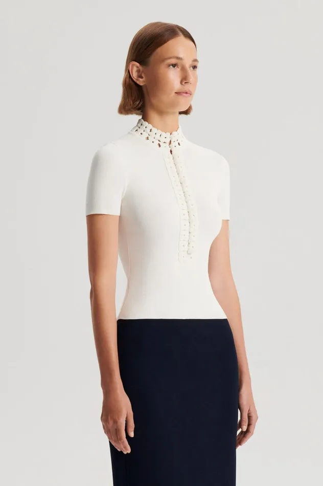 Tops Women Scanlan Theodore CREPE KNIT DAISY SHORT SLEEVE TOP Cream Tops Women Scanlan Theodore CREPE KNIT DAISY SHORT SLEEVE TOP Cream