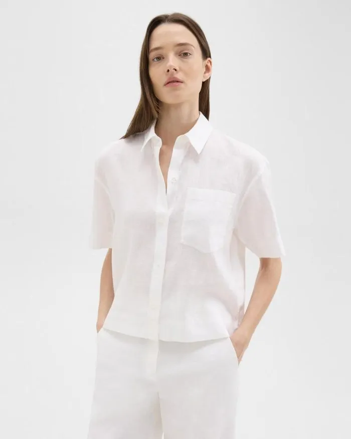 Tops Women Theory ShortSleeve Shirt In Relaxed Linen White