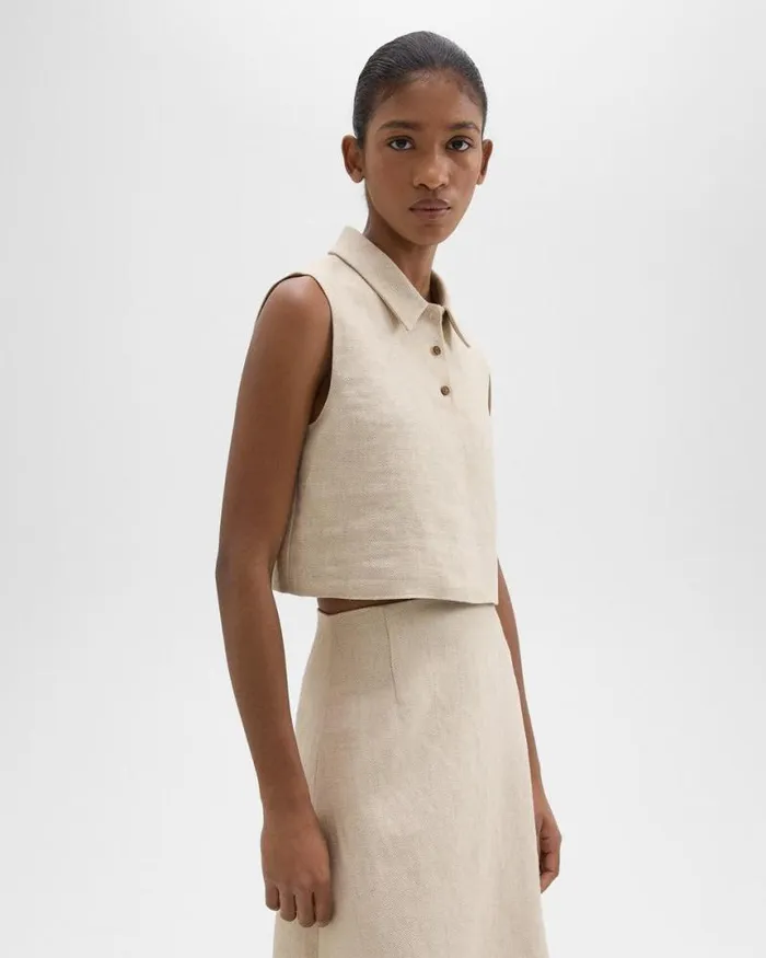 Tops Women Theory Sleeveless Polo In Basket Weave Linen Straw Tops Women Theory Sleeveless Polo In Basket Weave Linen Straw