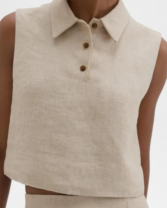 Tops Women Theory Sleeveless Polo In Basket Weave Linen Straw Tops Women Theory Sleeveless Polo In Basket Weave Linen Straw
