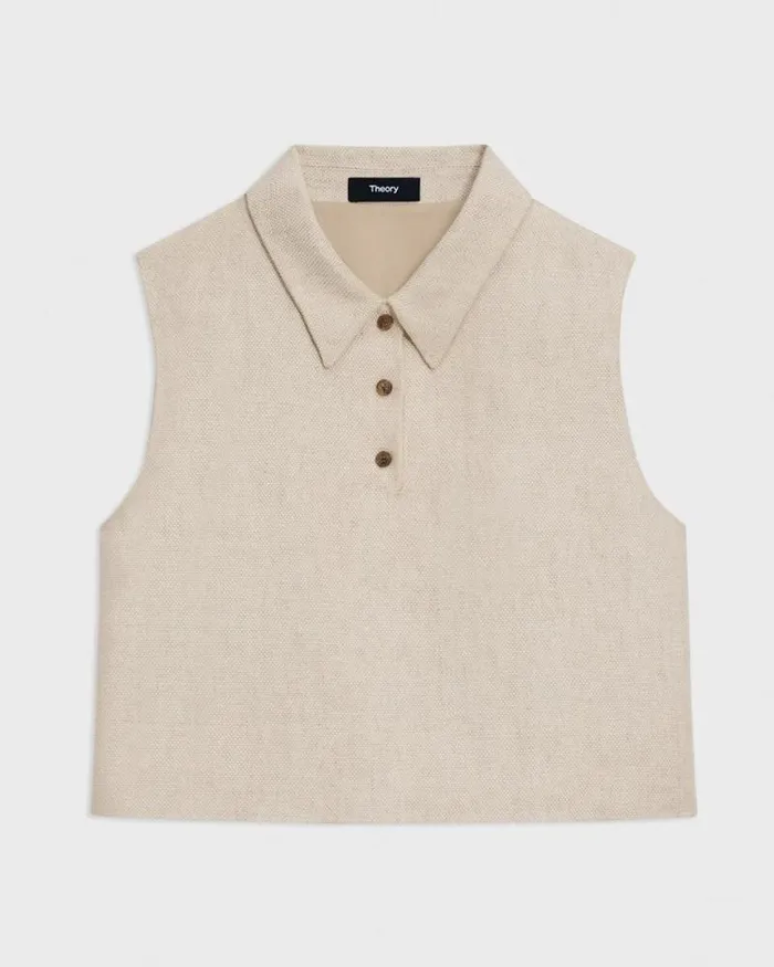 Tops Women Theory Sleeveless Polo In Basket Weave Linen Straw Tops Women Theory Sleeveless Polo In Basket Weave Linen Straw