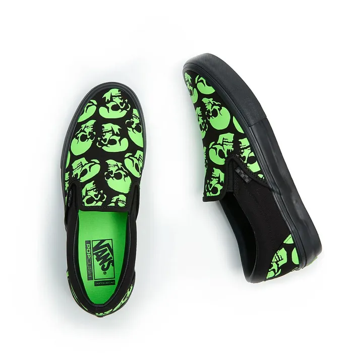 Vans Slipon Shoes Men Skate SlipOn Glow Skulls Shoes Green