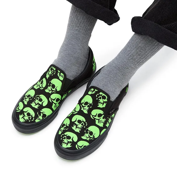 Vans Slipon Shoes Men Skate SlipOn Glow Skulls Shoes Green