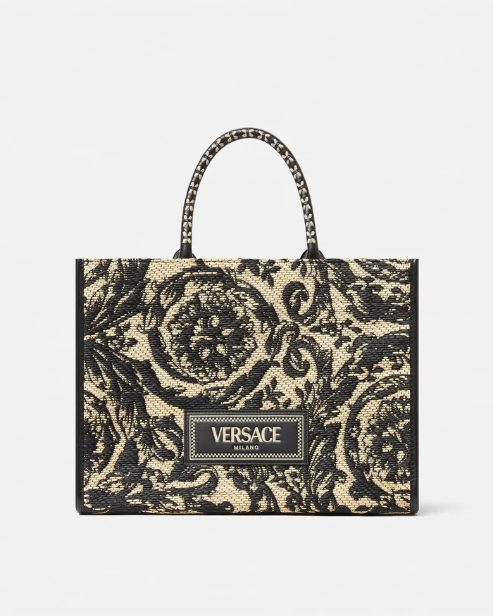 Versace Barocco Athena Raffia Medium Tote Bag Blackprint WomenMen Totes