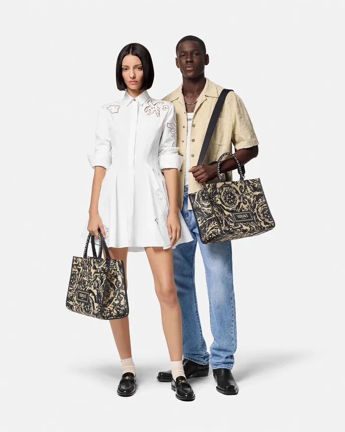 Versace Barocco Athena Raffia Medium Tote Bag Blackprint WomenMen Totes