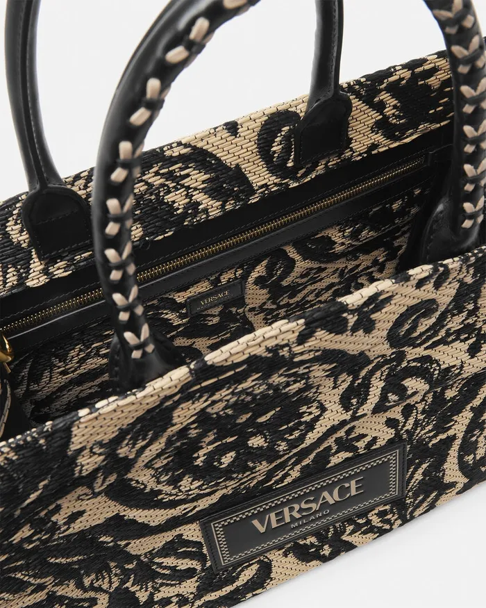 Versace Barocco Athena Raffia Medium Tote Bag Blackprint WomenMen Totes