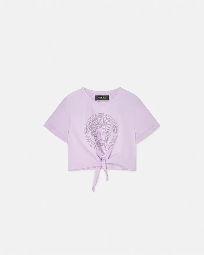 Versace Crystal Medusa Knotted TShirt Lilac Kids Shirts and Tshirts