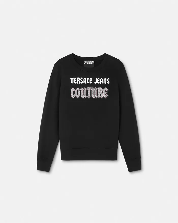 Versace Embellished Gothic Logo Sweatshirt Blackprint Women Jeans Couture
