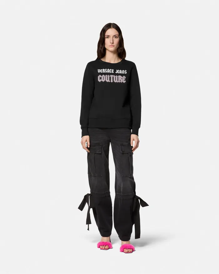 Versace Embellished Gothic Logo Sweatshirt Blackprint Women Jeans Couture